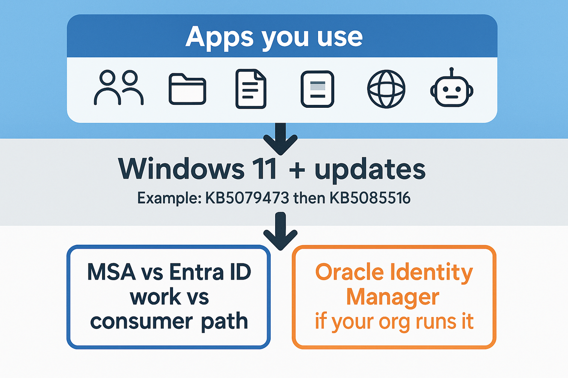 Infographic: apps on Windows device and identity foundations including MSA, Entra ID, and Oracle Identity Manager