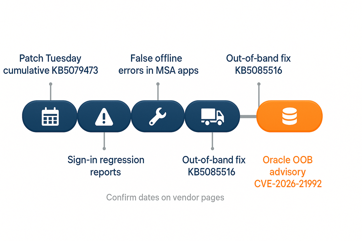 Timeline: March 2026 Patch Tuesday KB5079473, Microsoft account sign-in issue, out-of-band KB5085516, and Oracle CVE-2026-21992 advisory