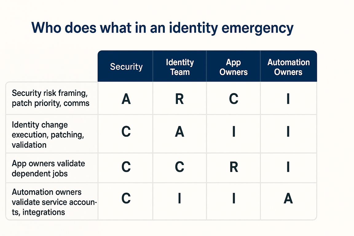 RACI matrix for emergency Oracle-style patches: security, identity, app owners, automation owners