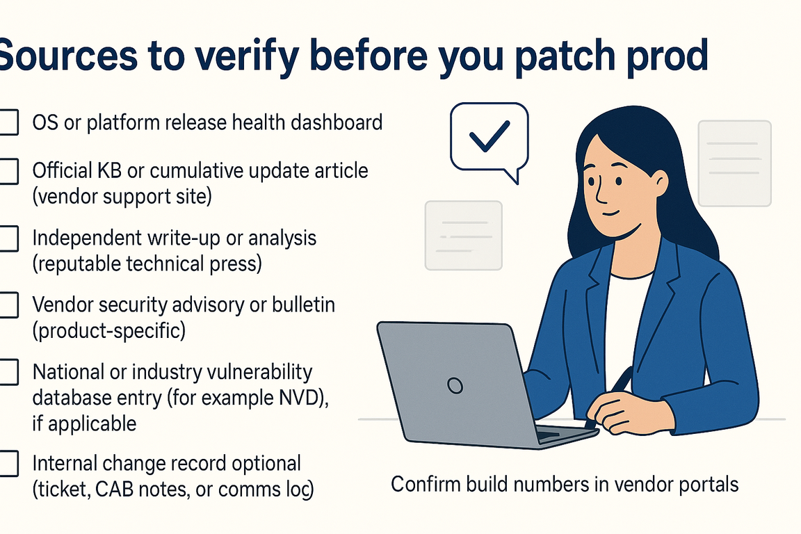Checklist graphic: official sources to verify before patching production, Microsoft and Oracle references